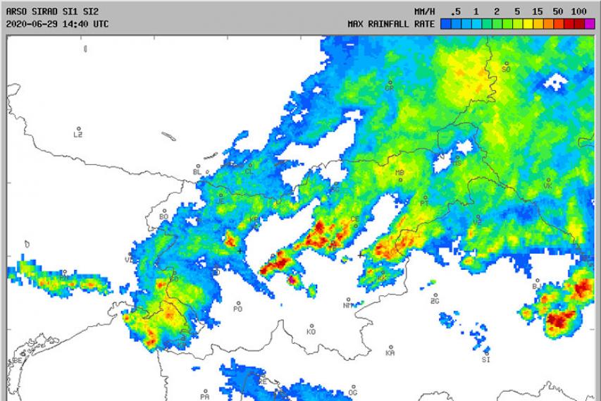 Radarska slika padavin, 29. junij 2020