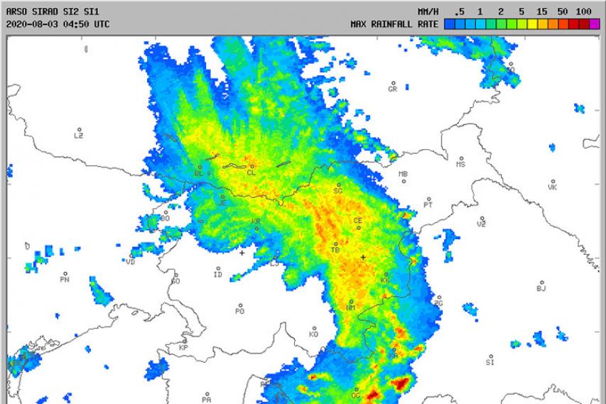 Radarska slika padavin, 3. avgust 2020