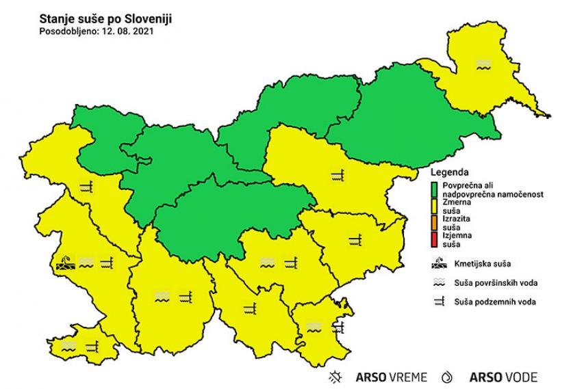 Stanje suše po Sloveniji, 13. avgust 2021