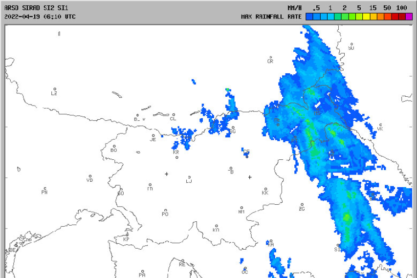 Radarska slika padavin, 19. april 2022